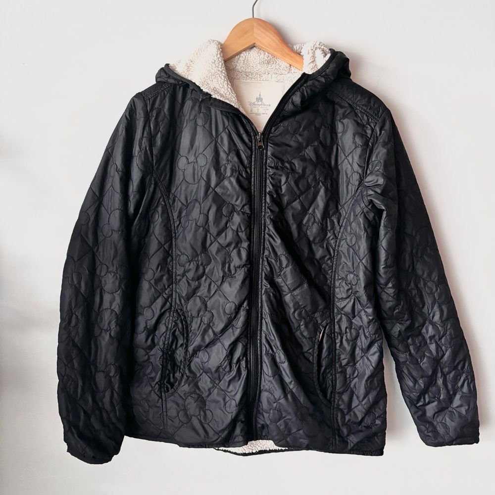 Disney Parks Quilted Mickey Print Puffer Jacket Women's M black Fleece Lined